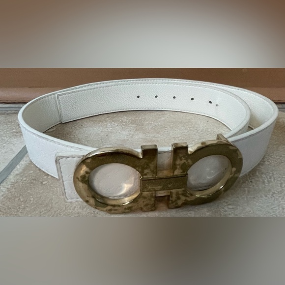 Salvatore Ferragamo white leather belt with gold buckle; length is 46” - Picture 1 of 5